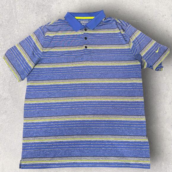Nike Men’s Size XL Golf Tour Performance Blue/Yellow Logo Striped Button Polo - Picture 1 of 6